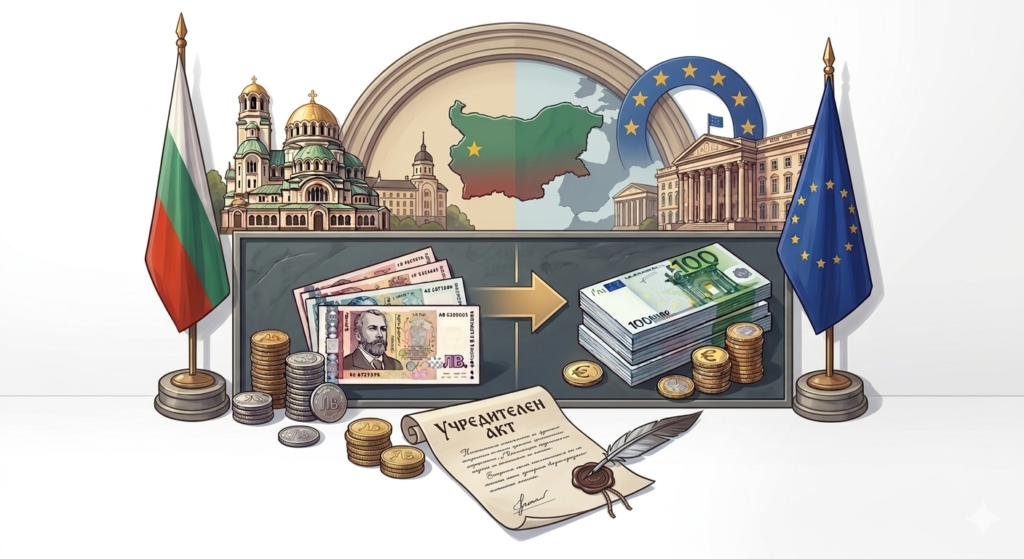 Илюстрация за превалутиране на капитала в България от лева към еврото, показваща български и европейски символи и обмен на валута