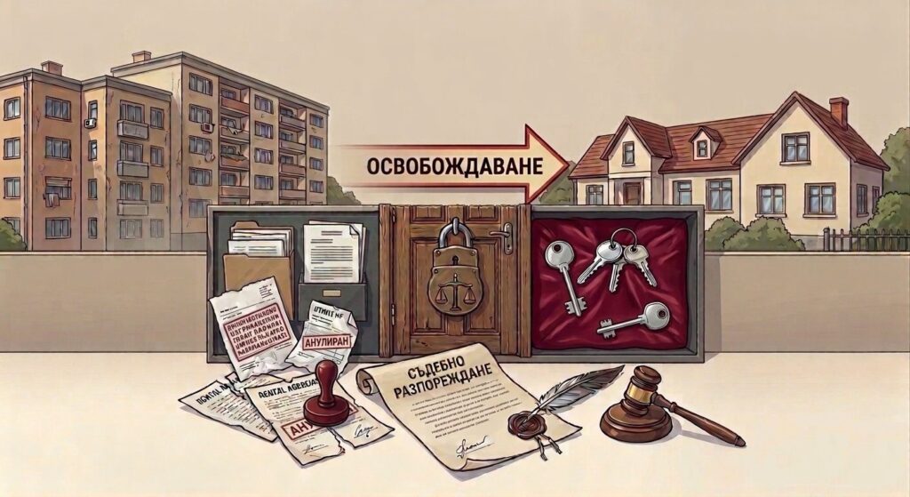 Илюстрация на освобождаване на имот при некоректен наемател със съдебни документи и ключове